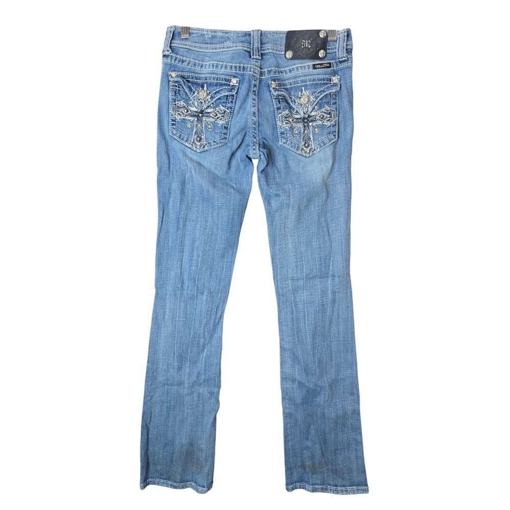 Miss Me Bootcut Jeans 29 Blue Distressed Rhinestone Flap Pocket Y2K